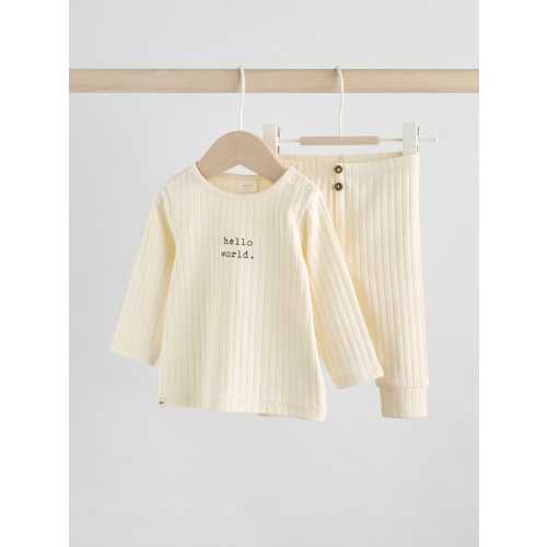 Cream/Grey Slogan Hello World Baby Top and Leggings Set 2 Piece (0mths-2yrs)