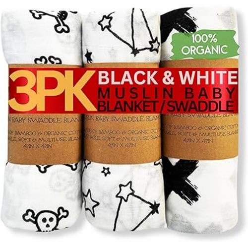 Muslin Swaddle Blankets for Baby Boys & Girls -70% Rayon derived from Bamboo 30% Cotton Black & White Muslin Blanket Baby Receiving Muslim Infant Wrap Swaddles Skull, Stars, Plus/X Signs,3pk