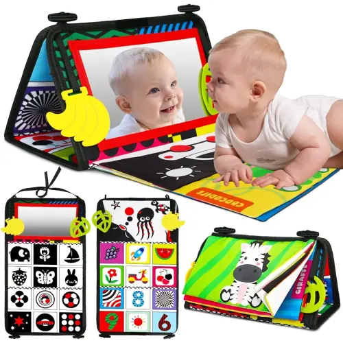 Buauty Baby Tummy Time Mirror, Newborn Infant Toys 0 3 6 12 Months with Sensory High Contrast Crinkle Books and Teethers, Baby Tummy Time Sensory Toys for 0-6 Months Old Boy Brain Development
