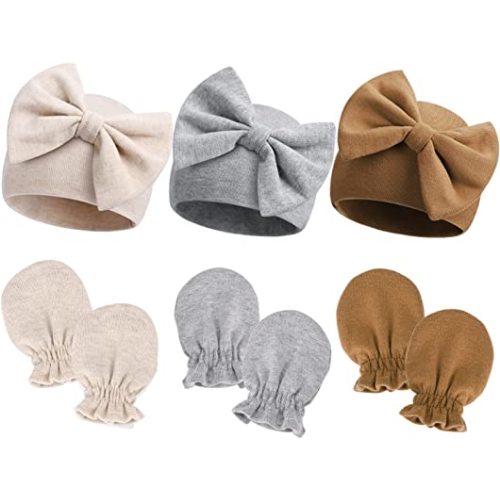 Newborn Hospital Hats Gloves Baby Infant Bow Beanie Cotton Caps No Scratch Hat Mittens Set for 0-6 Months