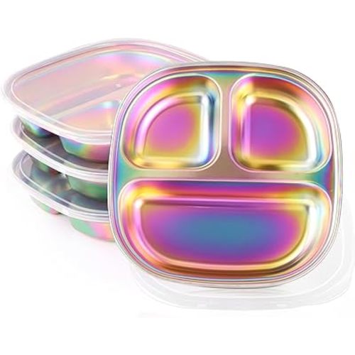 Platos de acero inoxidable para niños, paquete de 4 unidades, placa dividida de control de porciones con tapas, platos irrompibles no tóxicos para niños pequeños, bandeja cuadrada de metal