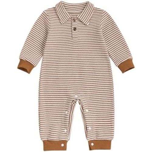Balaflyie Newborn Baby Boy Striped Jumsuit Long Sleeve Collared Romper Infant Cotton Waffle Clothes