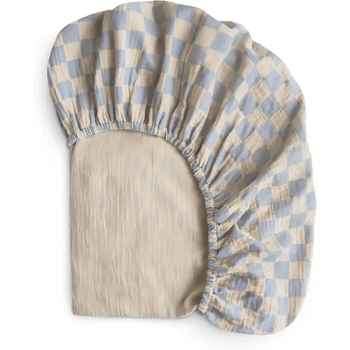 mushie Extra Soft Muslin Fitted Crib Sheet | 192 Thread Count | 28"x 52" (Blue Check)