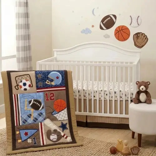 Varsity Sports Baby Crib Bedding Set 3-Piece – Basketball, Baseball & Football Nursery Decor for Boys