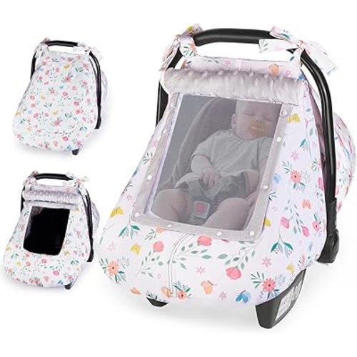 FIOBEE Baby Car Seat Cover, Car Seat Covers for Babies Infant Car Seat Canopy with Breathable Mesh Window Waterproof Carseat Cover for Babies Boy Girl 4 Seasons, Pink/Flowers