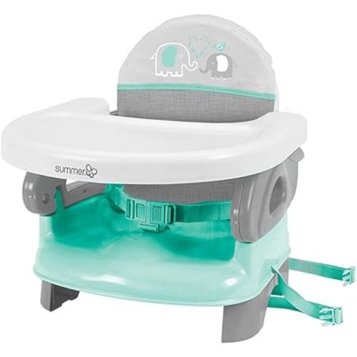 Ingenuity by Summer Unisex Deluxe Comfort Folding Booster Seat with Feeding Tray, Chair Straps Secure Booster, and Removable Seat Pad, Grey