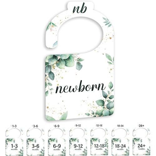 JMOST Eucalyptus Baby Closet Dividers for Nursery Closet Organizer, Newborn to 24 Months Size Clothes, Greenery Hangers with Size Dividers, Double Sided