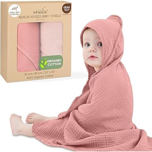 Organic Cotton Muslin Baby Hooded Towels - 32x32 Inch, 2 Pack Newborn Bath Towels for Boys & Girls, Soft & Absorbent Bath Set (Rose/Peach)
