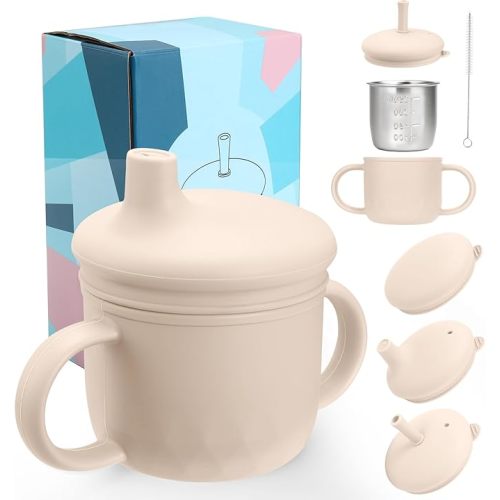 3-In-1 Stainless Steel Sippy Cup for 6+ Month Old, Baby Straw Cups for Toddlers 1-3 with Travel Lid, Silicone Straw, Replacement Straw & Cleaning Brush - 8oz Toddler Cups Spill Proof Bpa Free Set