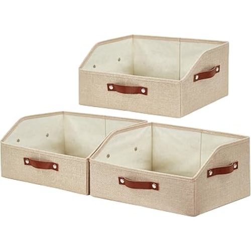 Bagnizer Closet Organizers and Storage, Linen Trapezoid Storage Bins with Handles, Collapsible Shelf Organizer for Blanket, Towel, Clothes, Hats, Purse (Khaki)