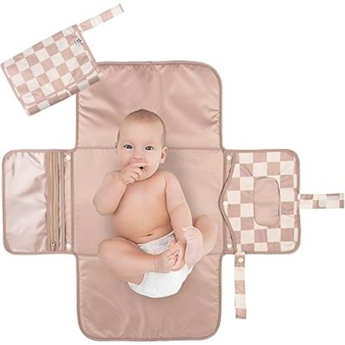 Tiny Twinkle Portable Diaper Changing Pad-Foldable Waterproof Changing Mat&Portable Changing Pad for Travel,Baby Changing Station with Smart Wipes Pocket&Storage (Black Checkers)