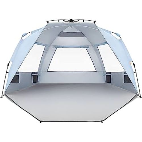 Easthills Outdoors Instant Shader Enhanced Deluxe XL Beach Tent Easy Setup 4-6 Person Popup Sun Shelter 99" Wide for Family UPF 50+ Double Silver Coating with Extended Zippered Porch Sky Blue