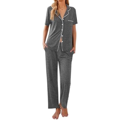Ekouaer Women Pajamas Set Button Down Sleepwear Short Sleeve Nightwear with Long Pants Soft Pjs Set S-XXL