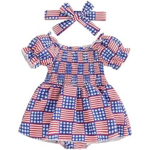 FYBITBO Infant Baby Girls 4th Of July Outfit Firework Puff Sleeve Romper Smocked Romper Dress Newborn Fourth Of July Clothes