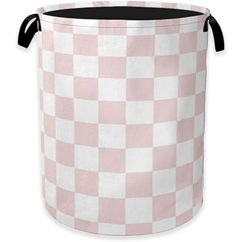 Pink White Checkered Laundry Hamper,Modern Girls Collapsible Laundry Baskets,Waterproof Oxford Cloth Laundry Room Organization for Bedroom,Bathroom,Nursery,16x20 Inch