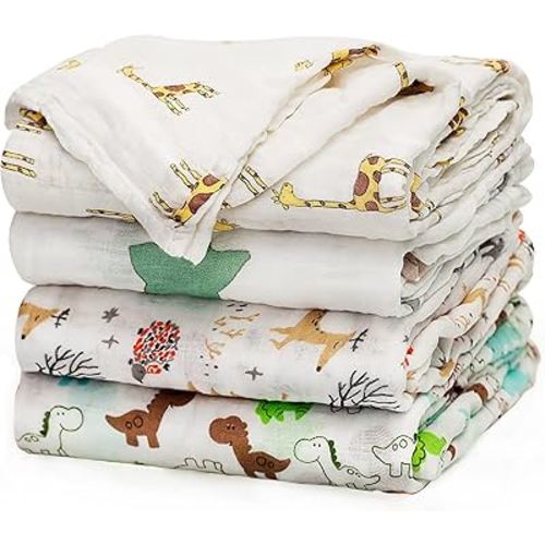 upsimples Baby Swaddle Blanket Unisex Swaddle Wrap Soft Silky Muslin Swaddle Blankets Neutral Receiving Blanket for Boys and Girls, 47 x 47 inches, Set of 4 - Fox/Elephant/Giraffe/Dinosaur