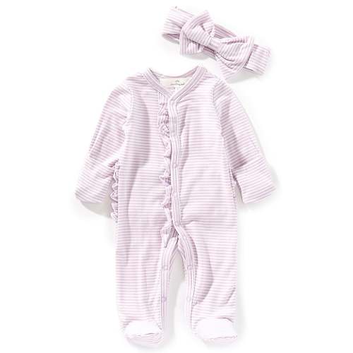 Starting Out Baby Girls Preemie-9 Months Stripe Long Sleeve Ruffle Footie Coverall & Matching Bow Headband Set