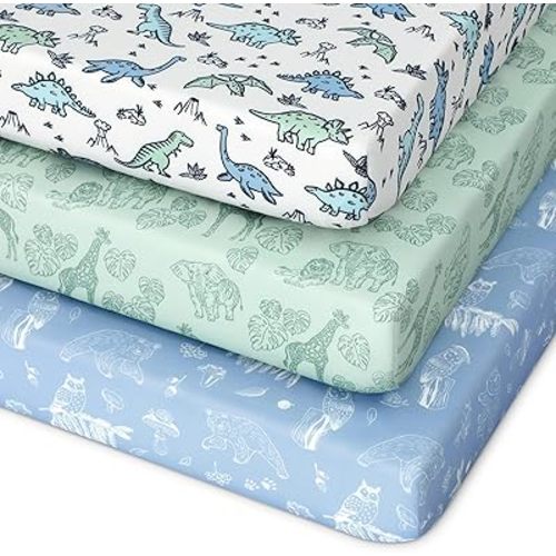 Pack and Play Sheets Fitted 3 Pack, Mini Crib Sheets for Pack N Play Mattress Stretchy Portable Playard Sheets, Soft Breathable Green & Blue Dinosaur