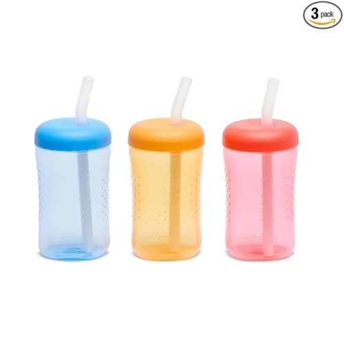 The First Years Squeeze & Sip Toddler Straw Cups - Squeezable Transition Sippy Cup with Silicone Straw - Toddler Feeding Supplies - Blue/Yelllow/Red - 7 Oz - 3 Count - Ages 6 Months and Up