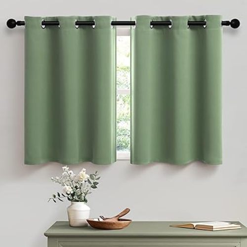 2 Panels Blackout Sage Green Small Half Curtains 30 Inch Length for Bathroom Loft Eyelet Top Thermal Insulated Window Treatments Blinds Short Tiers for Kitchen Nursery 30 Inches Long