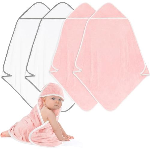 UNIMADE Hooded Towel for Newborn, 4 Pack Soft Coral Fleece Baby Towels, Ultra Absorbent Bath Cloths Bulk for Infants, Toddlers, Newborn Essential- 30 x 30 inch - Pink & White