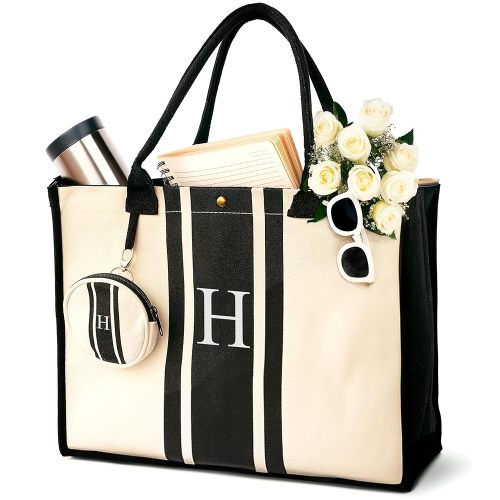 Initial Canvas Tote Bag – Personalized Gift for Women with Embroidered Letter | Monogrammed Beach Bag + Makeup Pouch