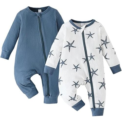 Bafeicao Unisex Baby Boy Girl 2 Pack Rompers Long Sleeve Two Way Zipper Romper One Piece Jumpsuits Clothes Sets