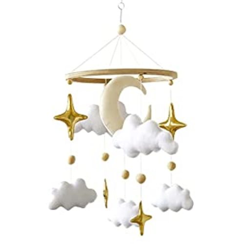 Amazon.com : Emmnnic Baby Mobile for Crib - Modern Boho Baby Mobiles for Bassinet Felt Nursery Mobile Gender Neutral - Beige Moon Gold Stars, and White Clouds - Girl Cribs Decorations : Baby