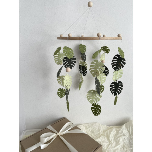 Monstera Wooden Baby Mobile nursery, Jungle theme Mobiles for Nursery, Monstera tropical leaves jungle nursery Felt leaf mobile neutral