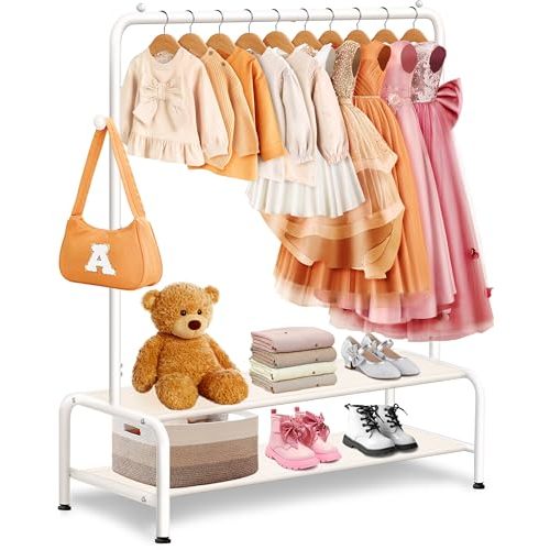 Kids Clothing Rack - Dress Up Clothes Rack - Baby Toddler Closet - Mini Freestanding Coat Racks with 2 Fabric Shelves - Small Kids Costume Wardrobe - Garment Rack for Hanging Clothes Organizer