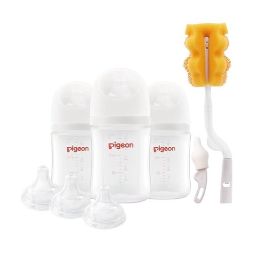 Pigeon Newborn Baby Bottle Feeding Gift Set, Nurture & Nest, Anti-Colic Wide Neck Bottles with Latch-On Silicone Nipples, 3 Bottles (5.4 Oz), 3 Stage 2 Nipples, 1 Bottle Brush and 1 Nipple Brush