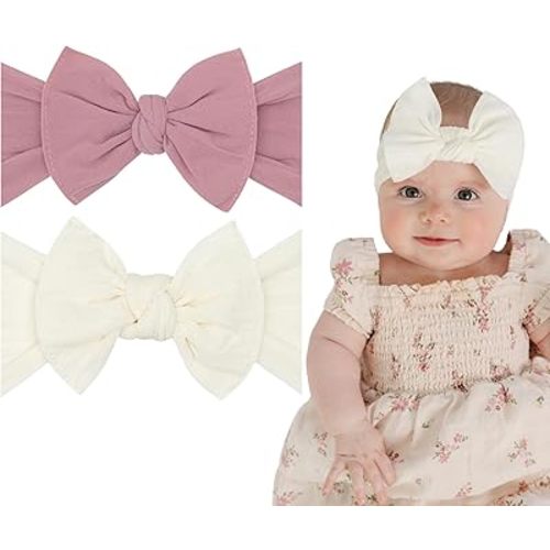 Baby Bling Bows - Newborn to Little Baby Girl Bows, 2 Pack Nylon Super Soft Stretchy Knot Toddler Headbands, Perfect Hair Accessories Head Bands for Infant Kids (Mauve & Ivory)