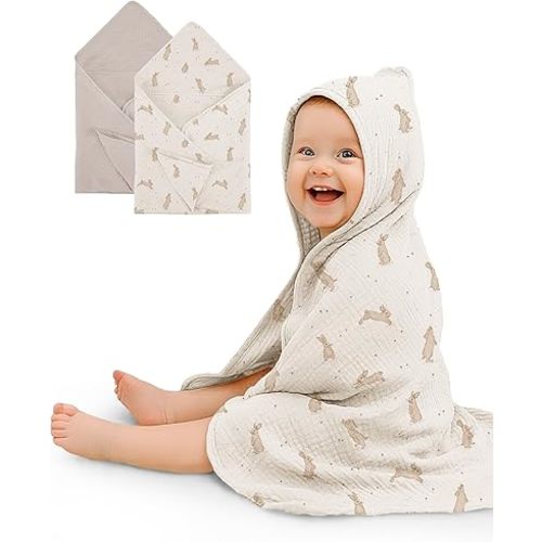 Hooded Baby Towels 2 Pack, Muslin Baby Bath Towels with Hood for Newborn Infant and Toddler, Soft Breathable & Absorbent, 30" x 30" (Hopping Bunnies & Beige, Heavyweight)