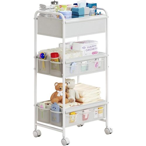 3-Tier Baby Diaper Caddy Cart Organizer,Mobile Nursery Organization with Wheels,with 2 Dividers & 14 Mesh Pockets Durable Metal Utility Cart for Nursery, Bedroom, Bathroom Essentials Organization