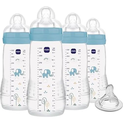 MAM Easy Active Baby Bottles 11 oz with Bonus Nipple, Fast Flow Skinsoft Silicone Nipple with Wide Neck Ergonomic Design, Easy to Hold, BPA-Free Bottles with Leak-Proof Caps for 4+ Months Baby, Boy