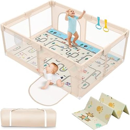 Playpen with Mat 71x59inch - Extra Large Baby Playpen for Babies and Toddlers - Indoor and Outdoor Baby Playpen with Soft Breathable Mesh Cover - Sturdy Foam Baby Gate Playpen (Apricot)