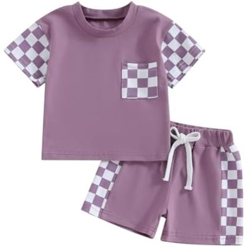 Baby Boy Girl Summer Outfits Checkerboard Short Sleeve T-Shirt Elastic Waist Shorts Set Toddler Checkered Outfit