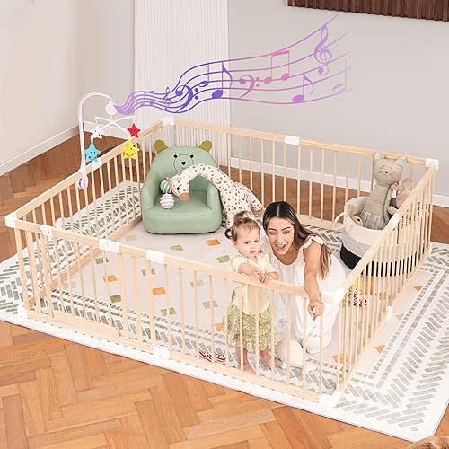 Large Wooden Baby Playpen, 71”×79” Adjustable Wood PlayPen for Babies and Toddlers, Changeable & Expandable Wood Play Pen, Baby Gate Play Pen for Kids Activity Center(71”×79”x24'')