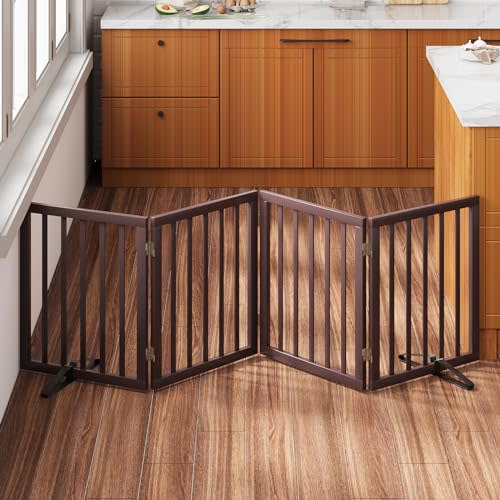 Mino Kesper Adjustable 37"-74" Wide Dog Gate, Brown Dog Gates for The House Doorways Stairs, Freestanding Pet Gates for Dogs, Doogie Puppy Fence Gate