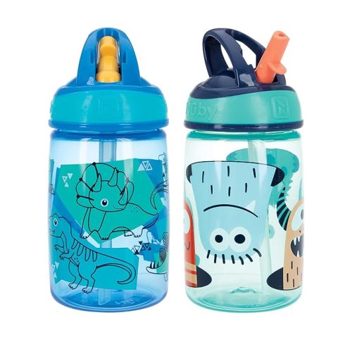 Nuby Flip-it Kids On-The-Go Printed Water Bottle with Bite Proof Hard Straw - 12oz / 360 ml, 18+ Months, 2 pk Dinosaurs/Friendly Monsters - Boy