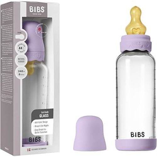 BIBS Boheme Baby Glass Bottle 8 oz /240 ml. Anti-Colic. Round Natural Rubber Latex Nipple. Supports Natural Breastfeeding - Violet Sky