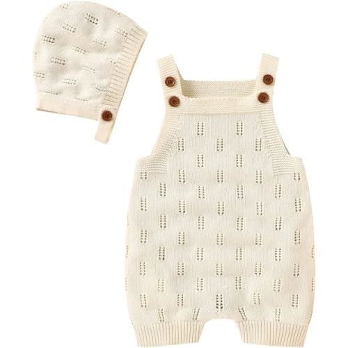 LAWKUL Baby Knit Romper Sleeveless 100% Cotton Jumpsuit with Hat Newborn Outfits Overall Bodysuit One Piece 2pcs