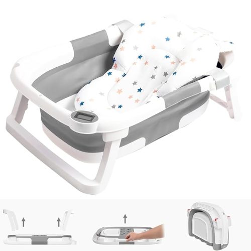 Collapsible Baby Bathtub,Baby Bath Tub with Soft Cushion & Thermometer,Baby Bathtub Newborn to Toddler 0-36 Months,Portable Travel Baby Tub (Gray)