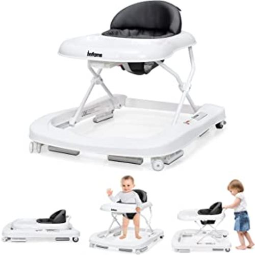 INFANS Foldable Baby Walker, 3 in 1 Toddler Walker Learning-Seated Walk-Behind for Boys and Girls, Adjustable Speed Rear Wheels, Safety Bumper, Detachable Seat Cover, Anti-Rollover (Grey)