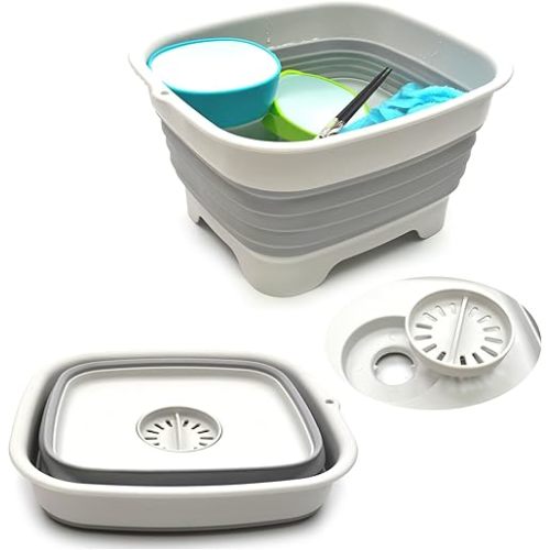 SAMMART 9.1L (2.4Gallon) Collapsible Dishpan with Draining Plug - Foldable Washing Basin - Portable Dish Washing Tub - Space Saving Kitchen Storage Tray (1, Grey)