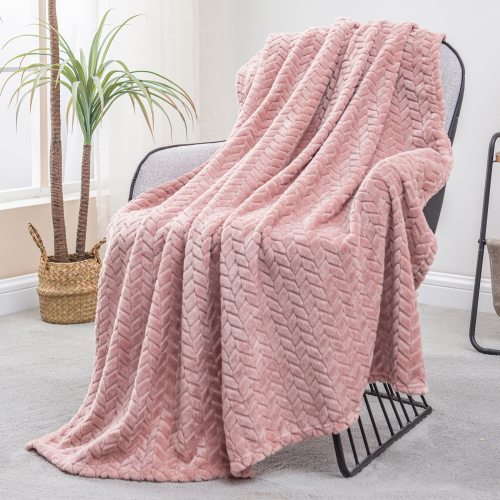 Exclusivo Mezcla Large Flannel Fleece Throw Blanket, Jacquard Weave Leaves Pattern (50" x 70", Pink) - Soft, Warm, Lightweight and Decorative