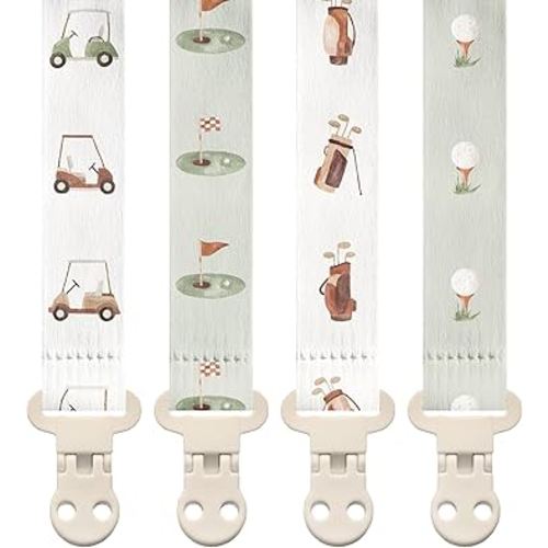 Stadela Baby Pacifier Clip Holder - Girl or Boy Unisex 4 Pack Gift Set – Neutral Modern Golf Theme Green Brown Beige