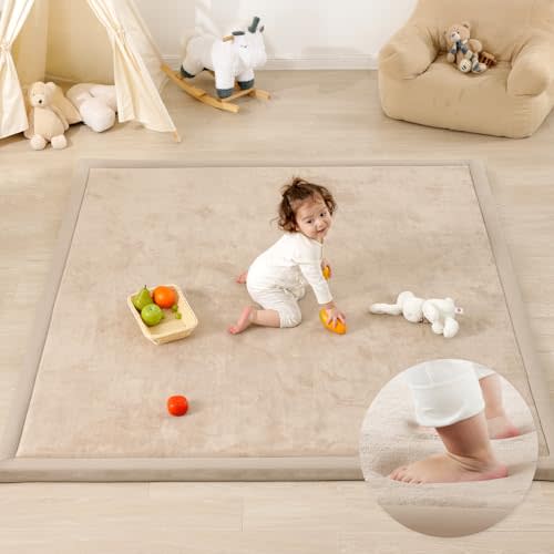 PaPaMat 1.3" Thick Baby Play Mat for Floor Playpen, 50x50 Foam Tummy Time Mat, Padded Support Soft Plush Nursery Rug for Infant Kids Toddler Crawling Kick Activity (Beige)