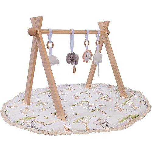 Premium Wooden Baby Gym with Washable Play Mat | FSC-Certified Montessori Activity Center | Sustainable Non-Toxic Play Gym for Baby Development 0-12 Months | Natural Wood Activity Center