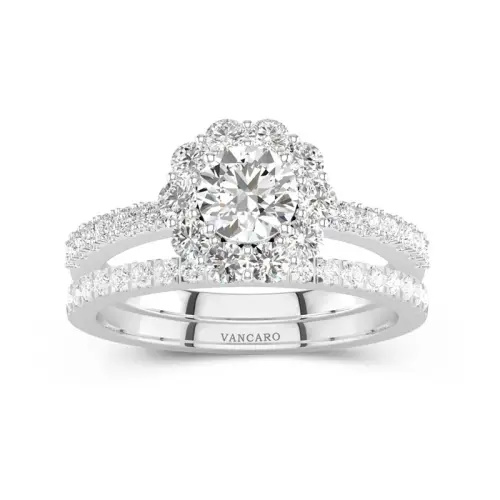 White Round Wedding Ring Set 925 Sterling Silver Halo Blossom Straight Shank Women